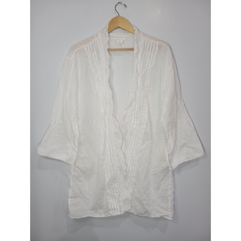Shabby Chic White Swiss Dot Cotton Kimono Robe Eyelet Lace Trim Womens Medium